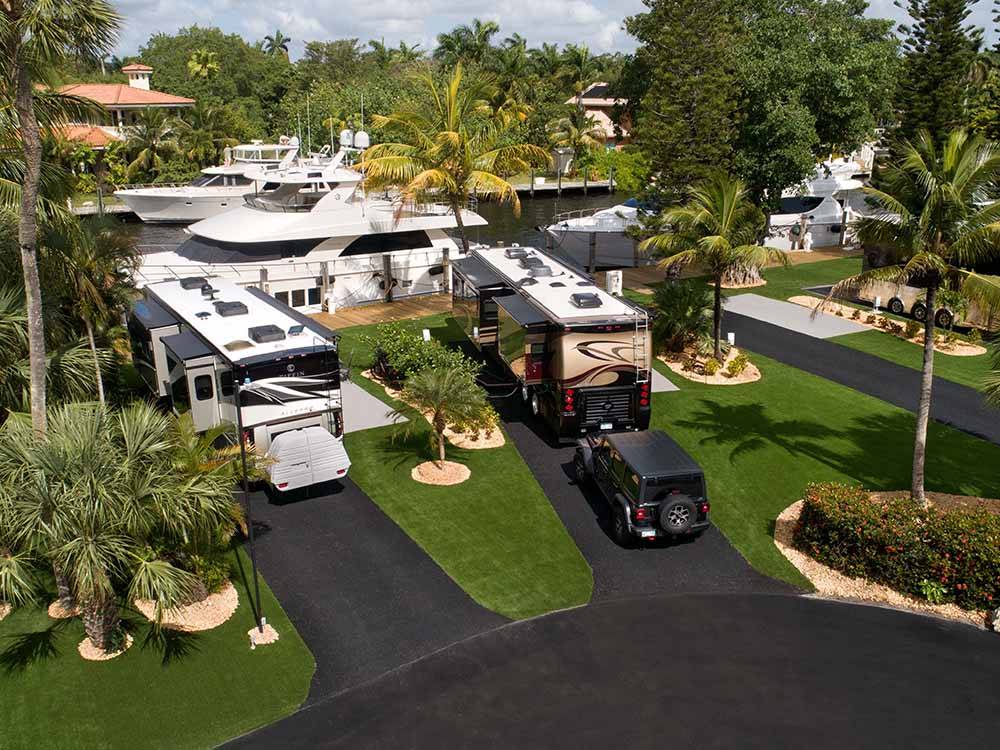 An aerial view of the well manicured RV sites at YACHT HAVEN PARK & MARINA