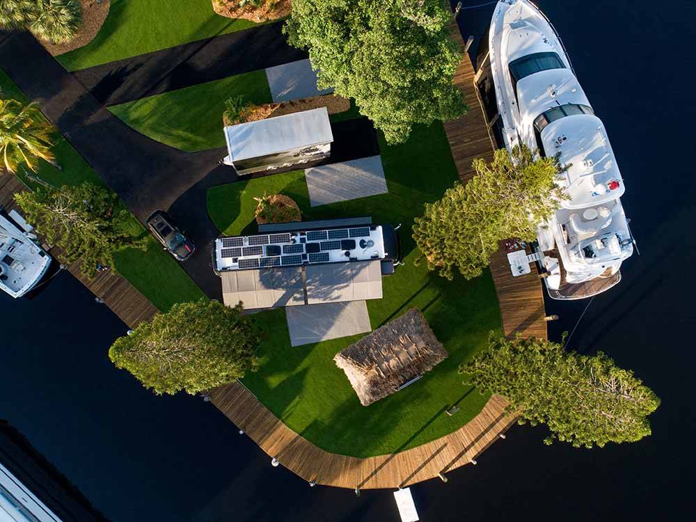 An aerial view of a docked yacht at YACHT HAVEN PARK & MARINA