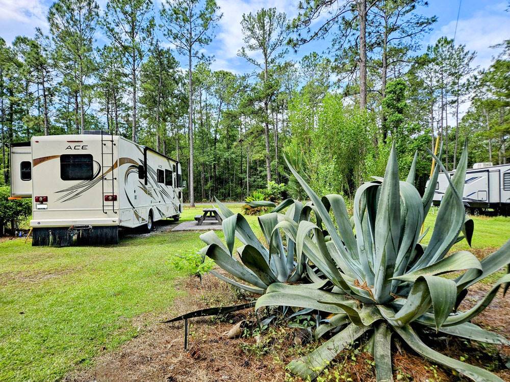 An RV with slide outs parked at a site