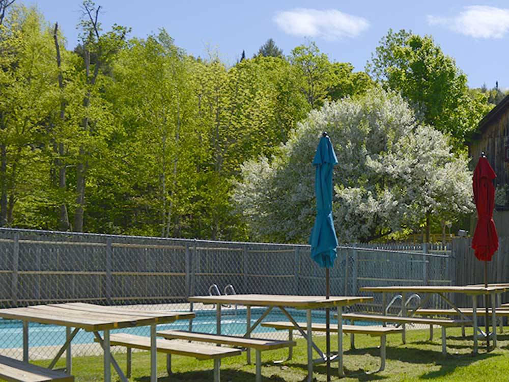 The swimming pool and picnic benches at HORSESHOE ACRES