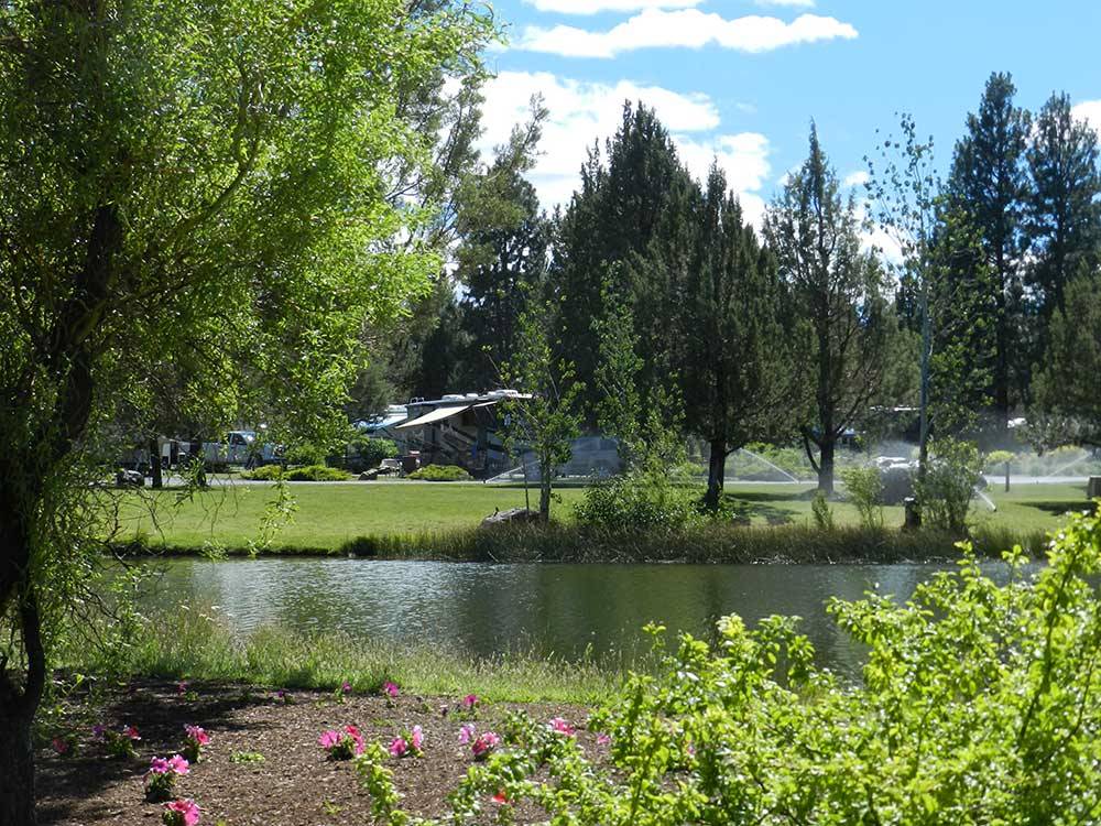 Campsites among rich greenery near the pond at BEND/SISTERS GARDEN RV RESORT