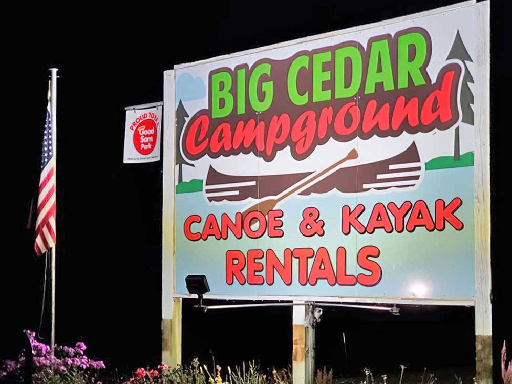 The front entrance sign at BIG CEDAR CAMPGROUND & CANOE LIVERY