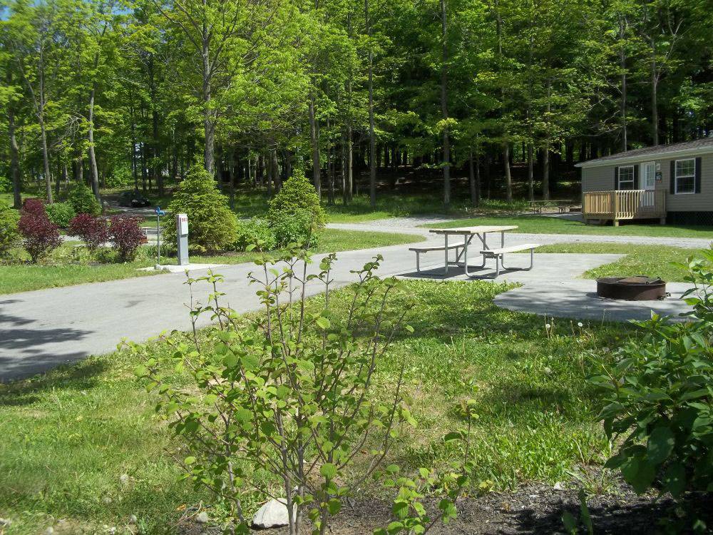 A paved pull-thru site with patio and table