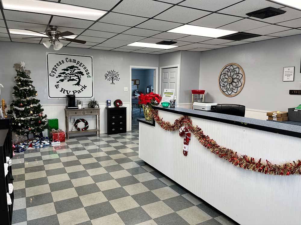 The office decorated for Christmas at CYPRESS CAMPGROUND & RV PARK