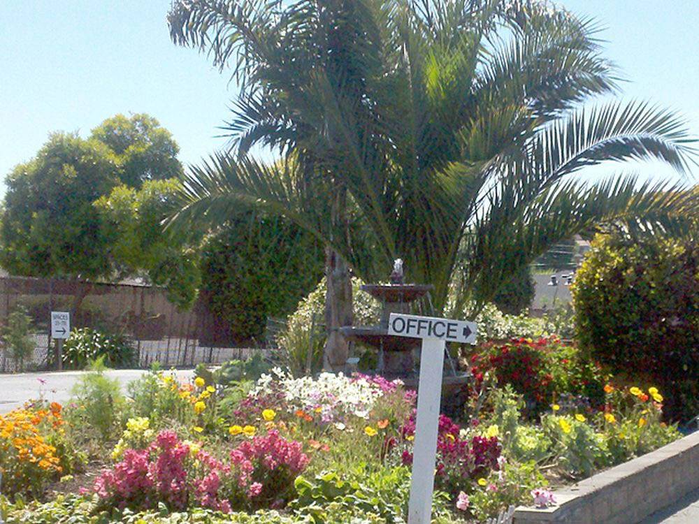 Office sign in bed of flowers at TRADEWINDS RV PARK OF VALLEJO