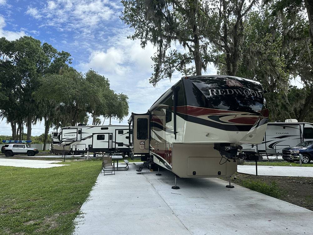 A travel trailer parked in a paved site