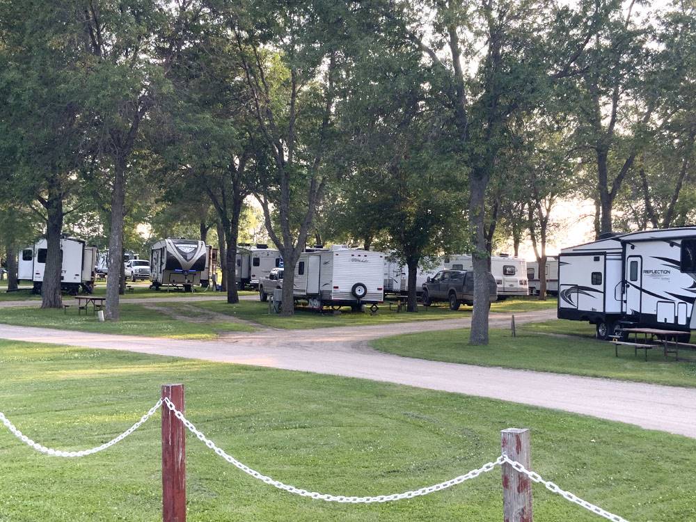 RVs in well-maintained grass sites at Jamestown Campground