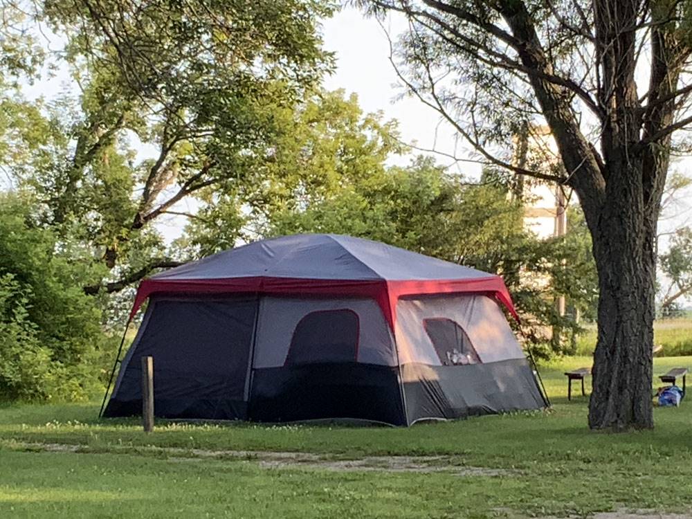 Large tent under shade trees at Jamestown Campground