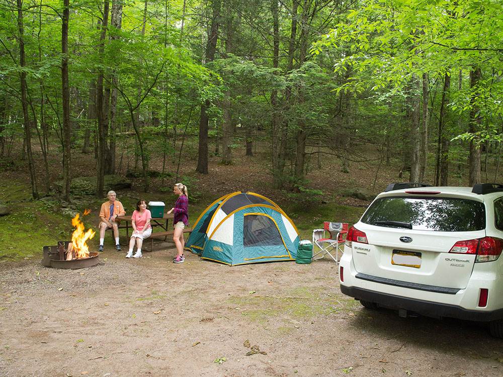 Tent campers around a fire pit