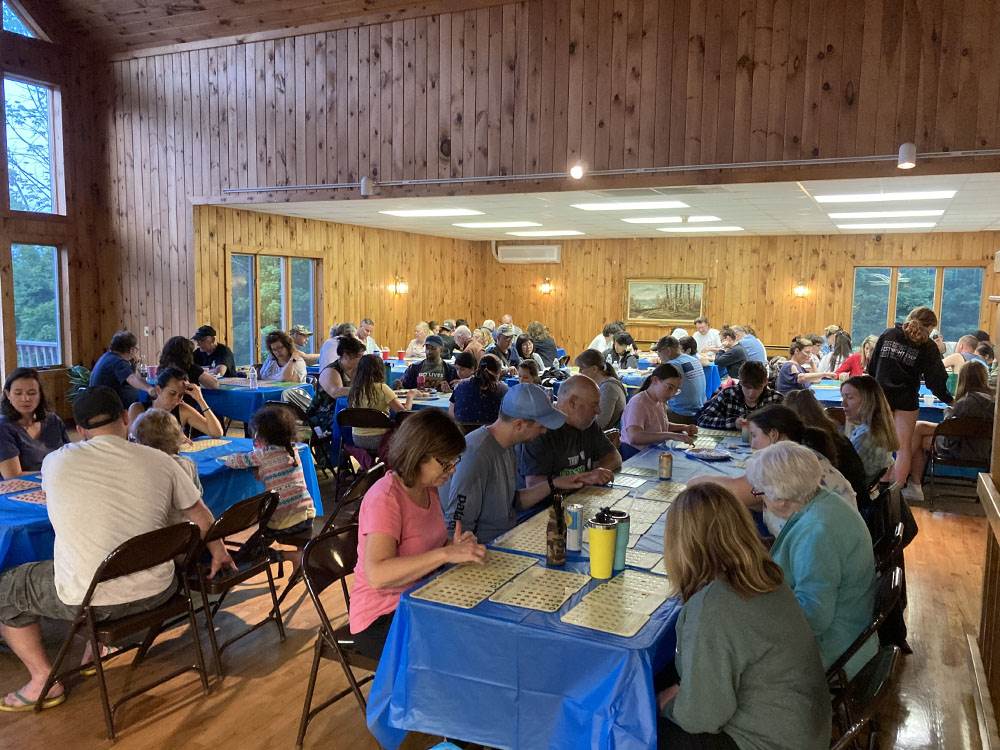 People playing Bingo in the rec hall