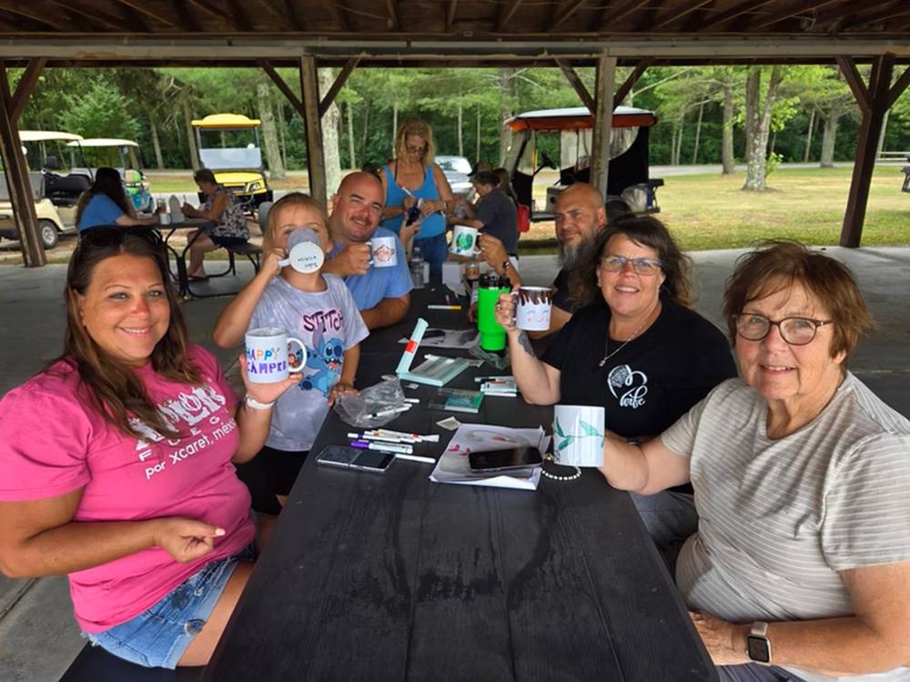 People sitting at an outdoor picnic table