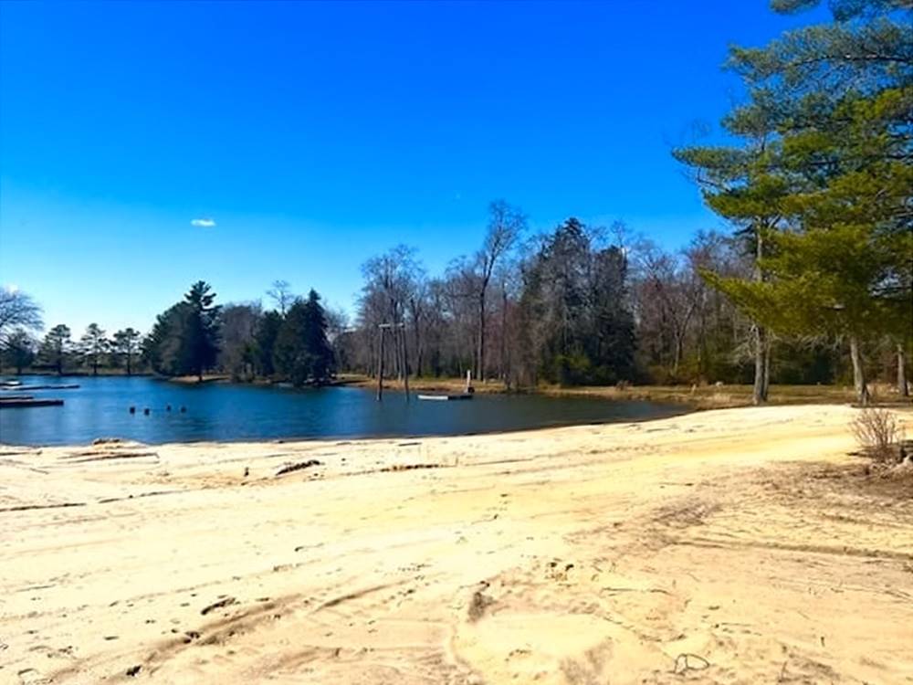 A sandy area near the water