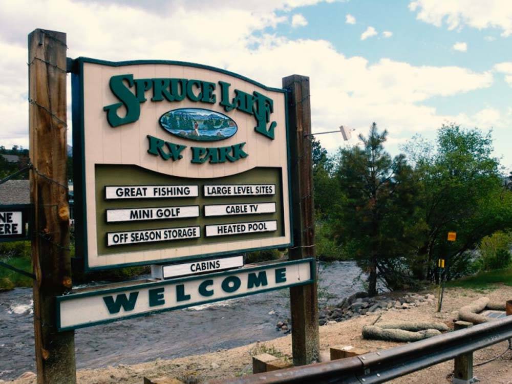 The front entrance sign at SPRUCE LAKE RV RESORT