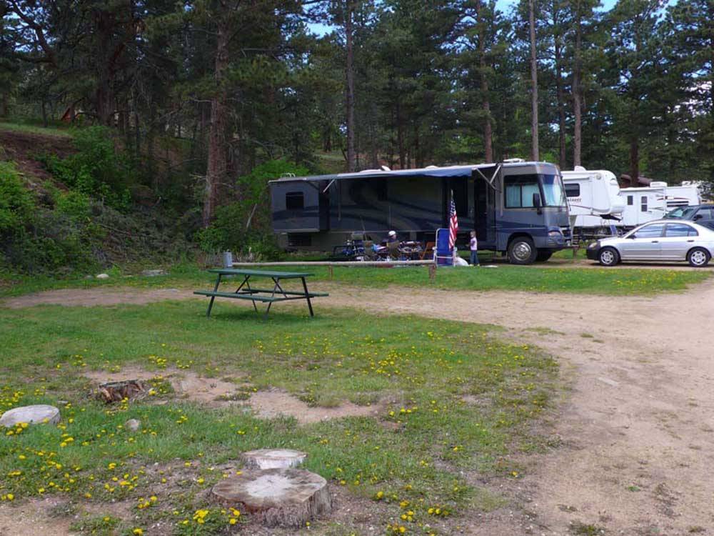 A picnic table at an empty RV site at SPRUCE LAKE RV RESORT