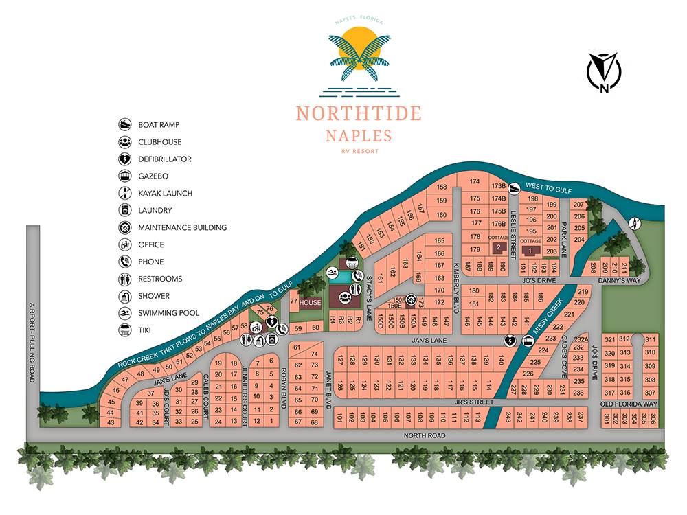 Map showing layout of campsite at NORTHTIDE NAPLES RV RESORT