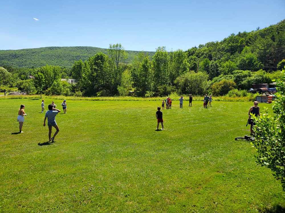 Kids playing kickball in a grassy area at TWIN OAKS CAMPGROUND