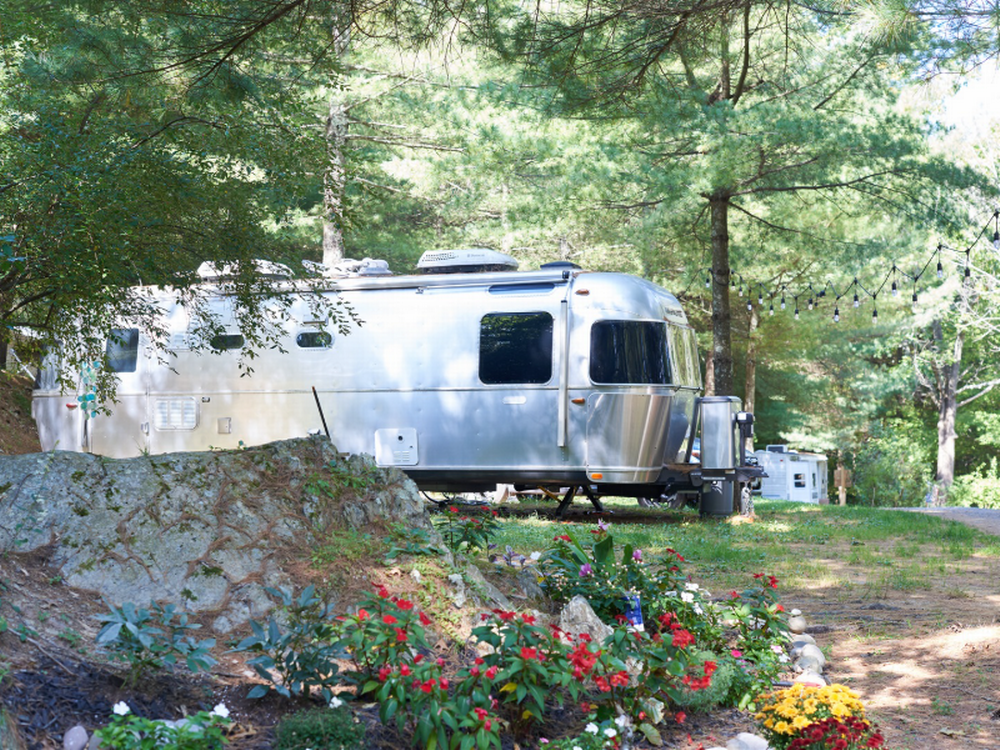 A vintage Airstream trailer at Interlake RV Park & Sales
