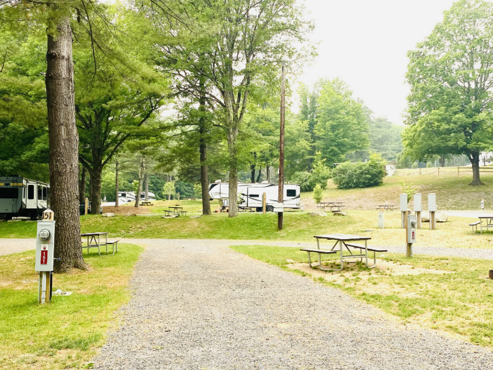 RVs at sites with picnic tables at Interlake RV Park & Sales