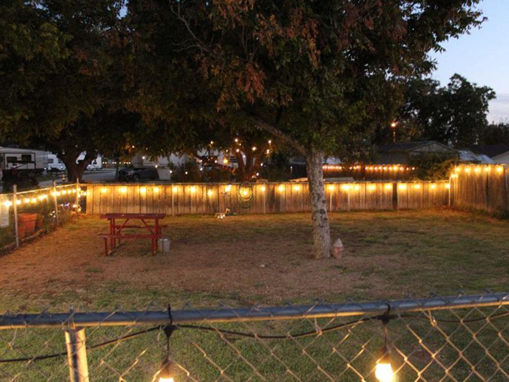 Enclosed lawn area with lights at WHIP IN RV PARK