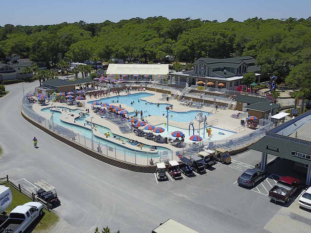An aerial view of the swimming pool and lazy river at MYRTLE BEACH TRAVEL PARK