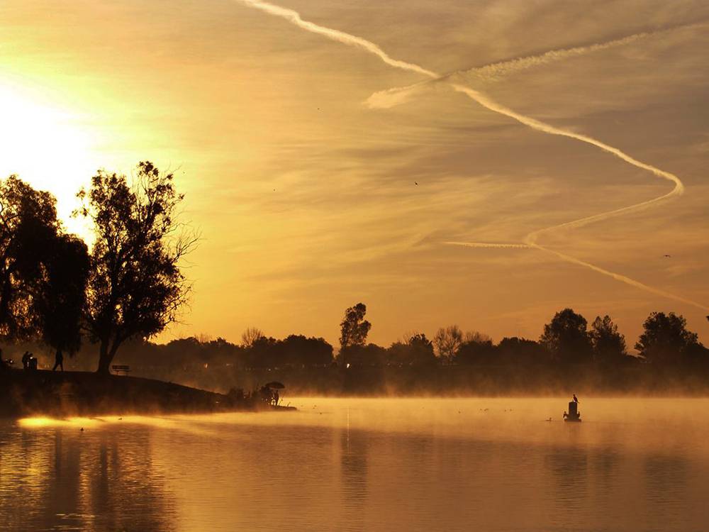 Sunset over lake with people and birds