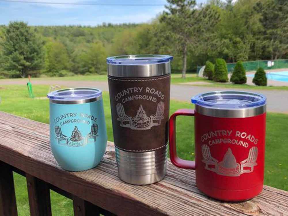 Branded insulated mugs at COUNTRY ROADS CAMPGROUND