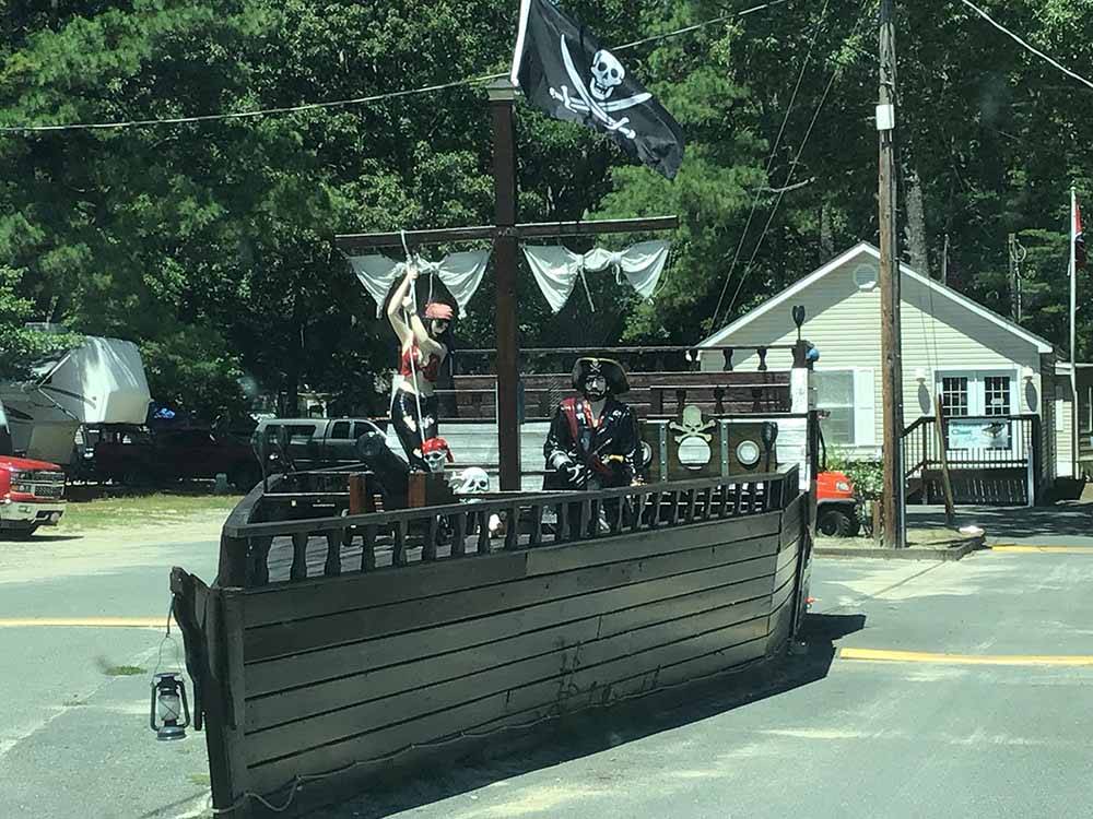 A black pirate ship in the parking lot at BIG OAKS FAMILY CAMPGROUND
