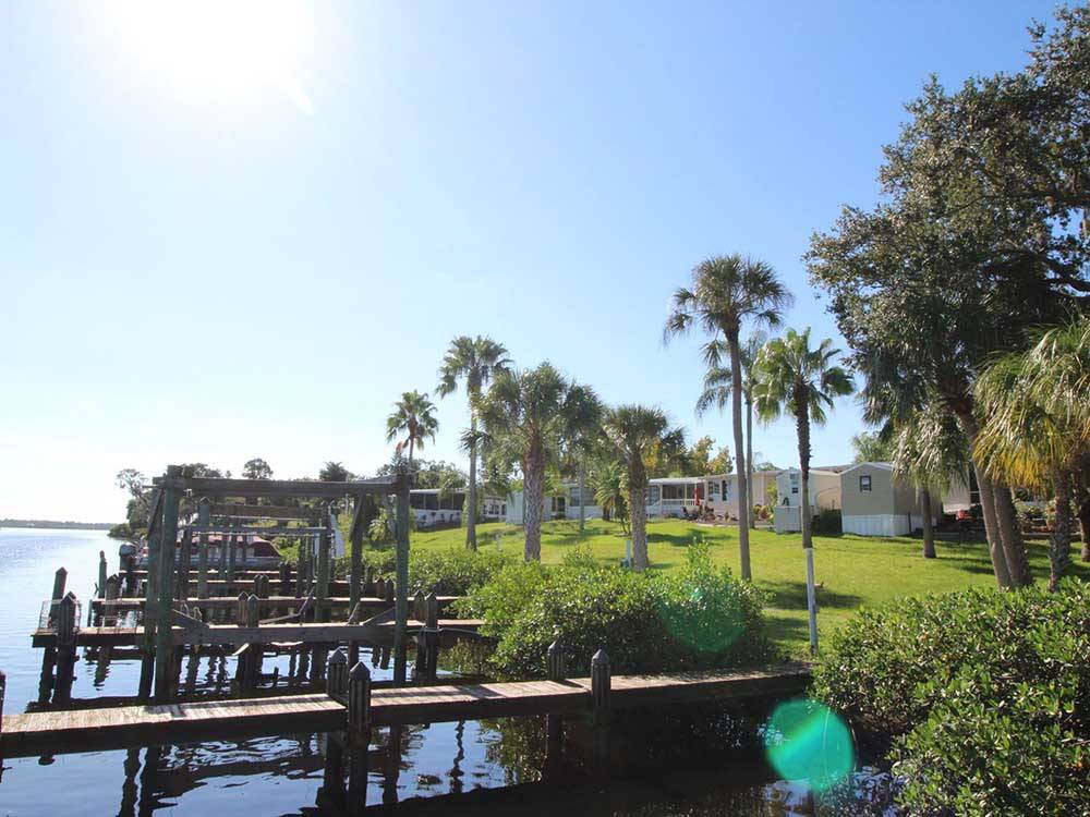 A view of the docks by the manufactured homes at RIVER VISTA RV VILLAGE