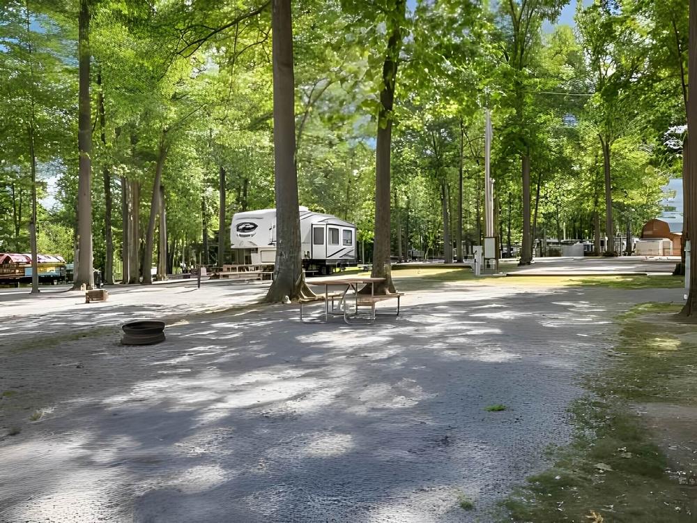 Parked trailer next to open RV space at site Yogi Bear's Jellystone Park at Kozy Rest