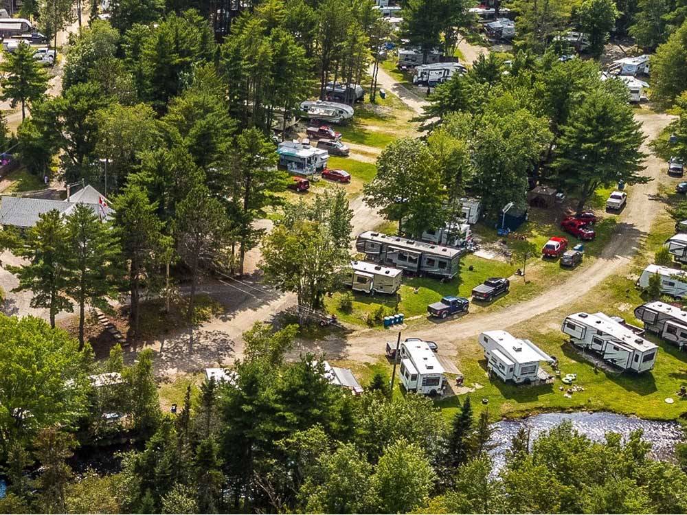 Aerial shot of campground with high, tall trees at RAYPORT CAMPGROUND