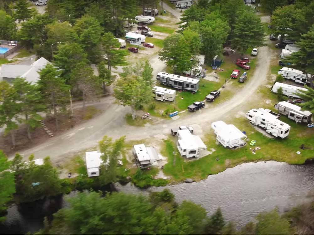 An aerial view of the sites and swimming pool at RAYPORT CAMPGROUND