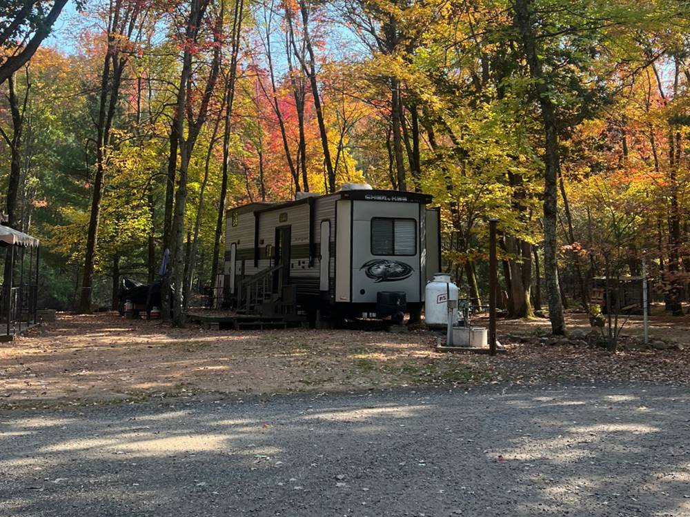 An RV parked under shady fall colored trees