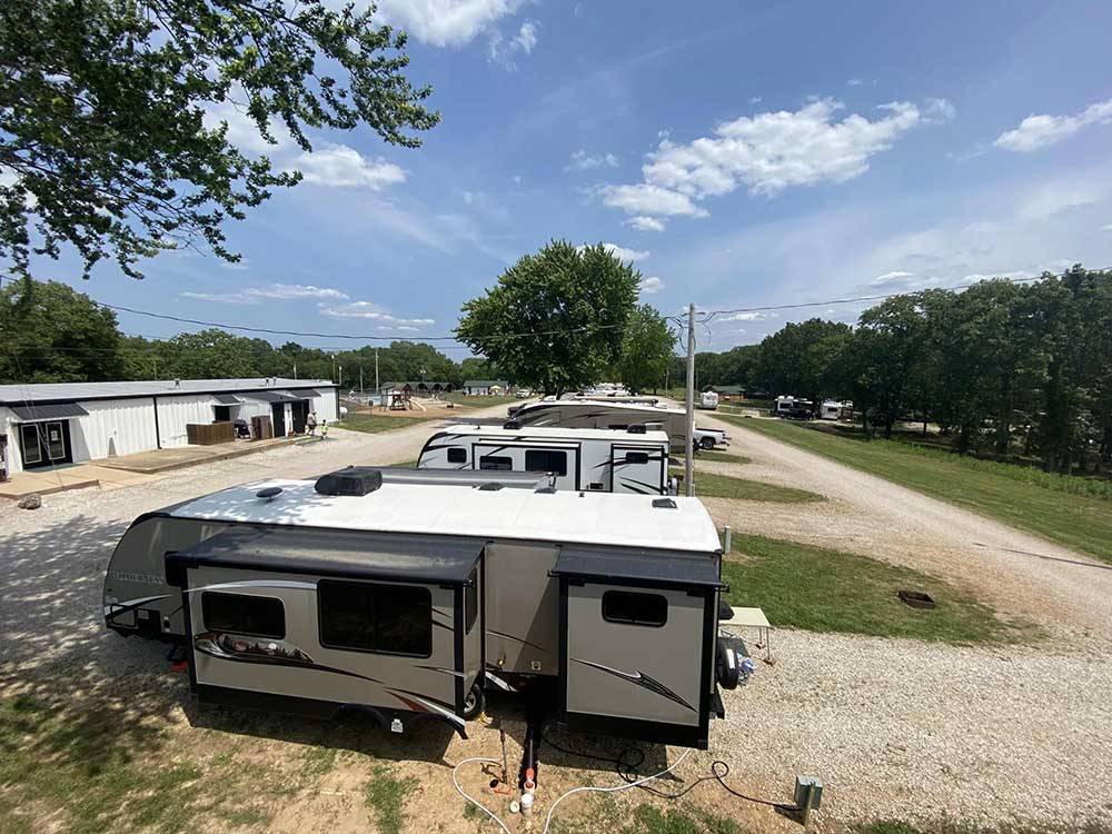 Aerial view of trailers in RV sites at MERAMEC CAMPGROUND