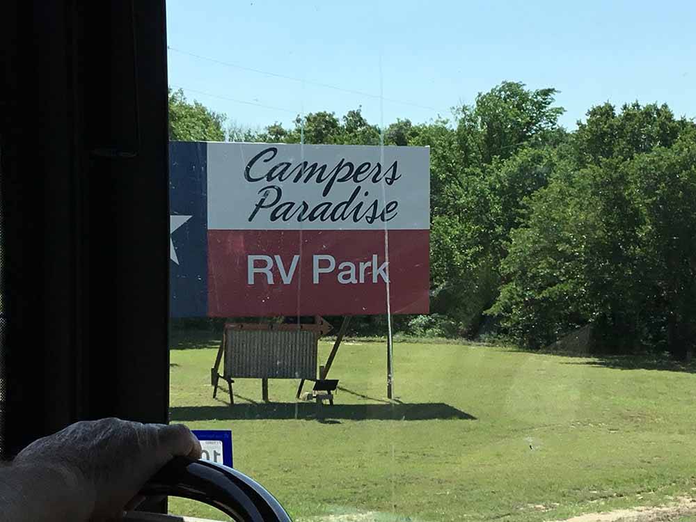 The front entrance sign at CAMPER'S PARADISE RV PARK