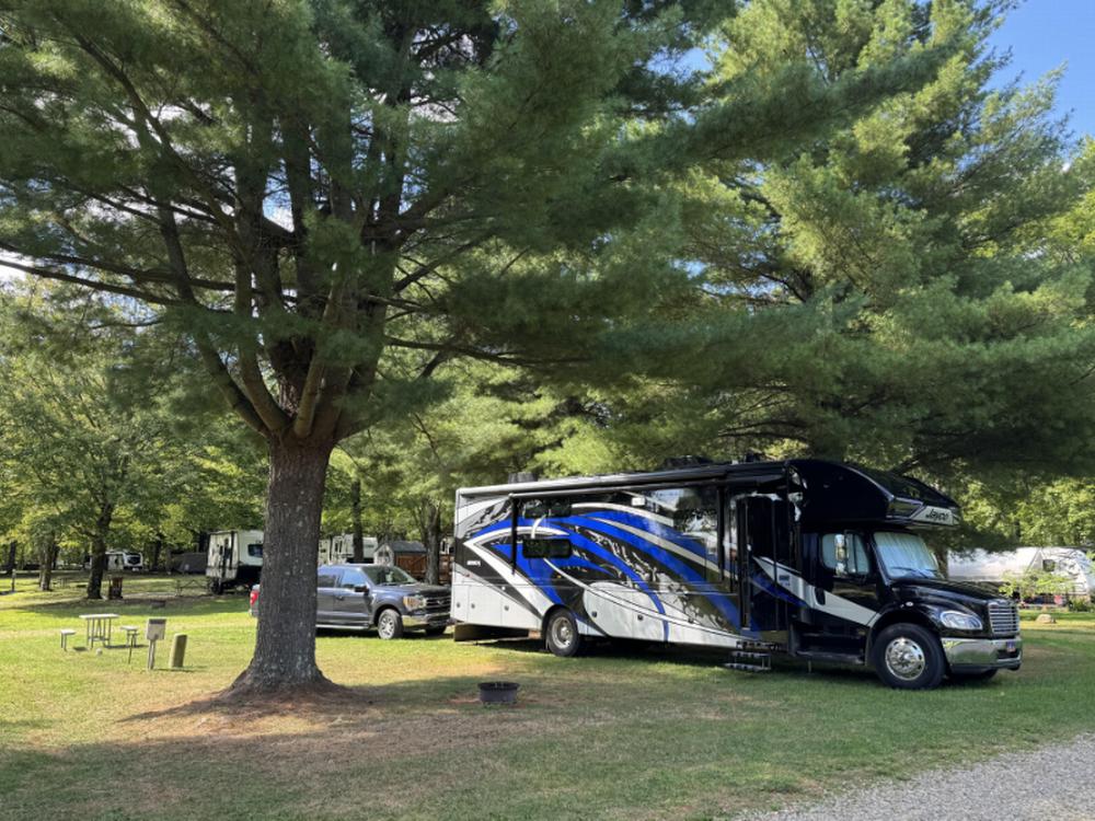 A big rig RV in a grass site