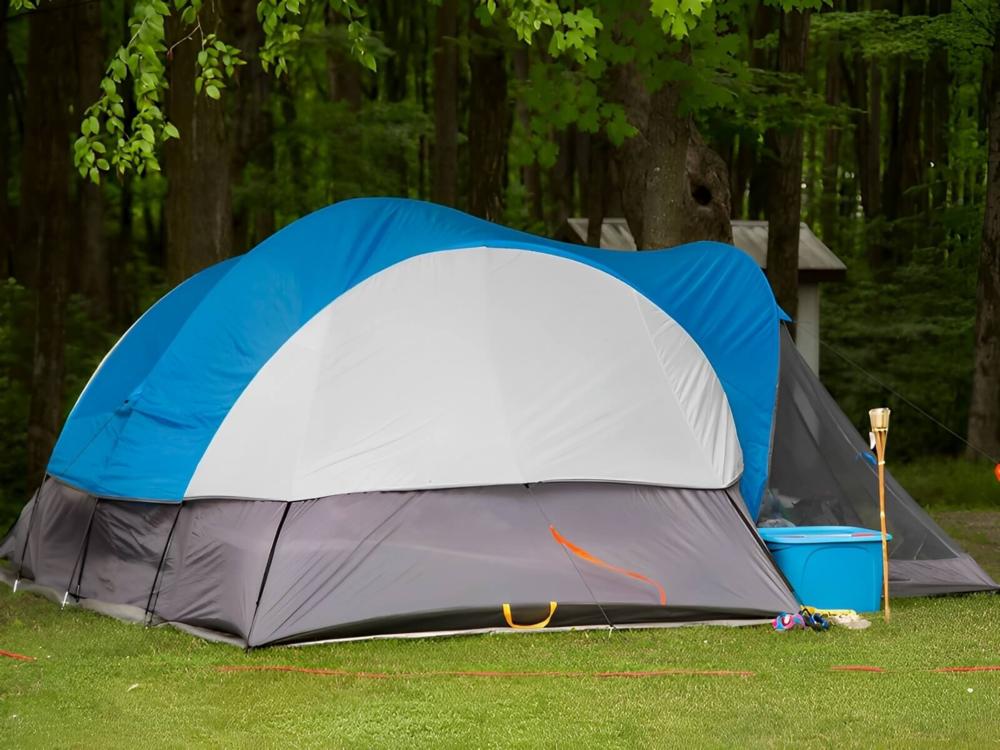 A blue and white tent