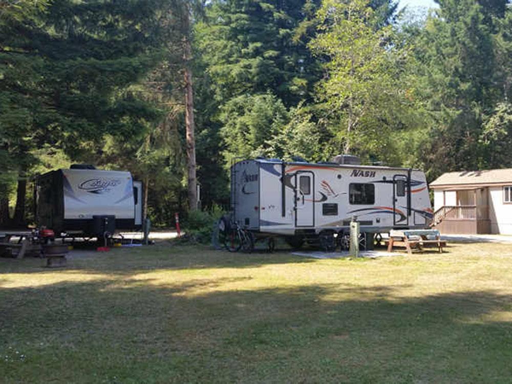 Parked RVs under the trees at MYSTIC FOREST RV PARK