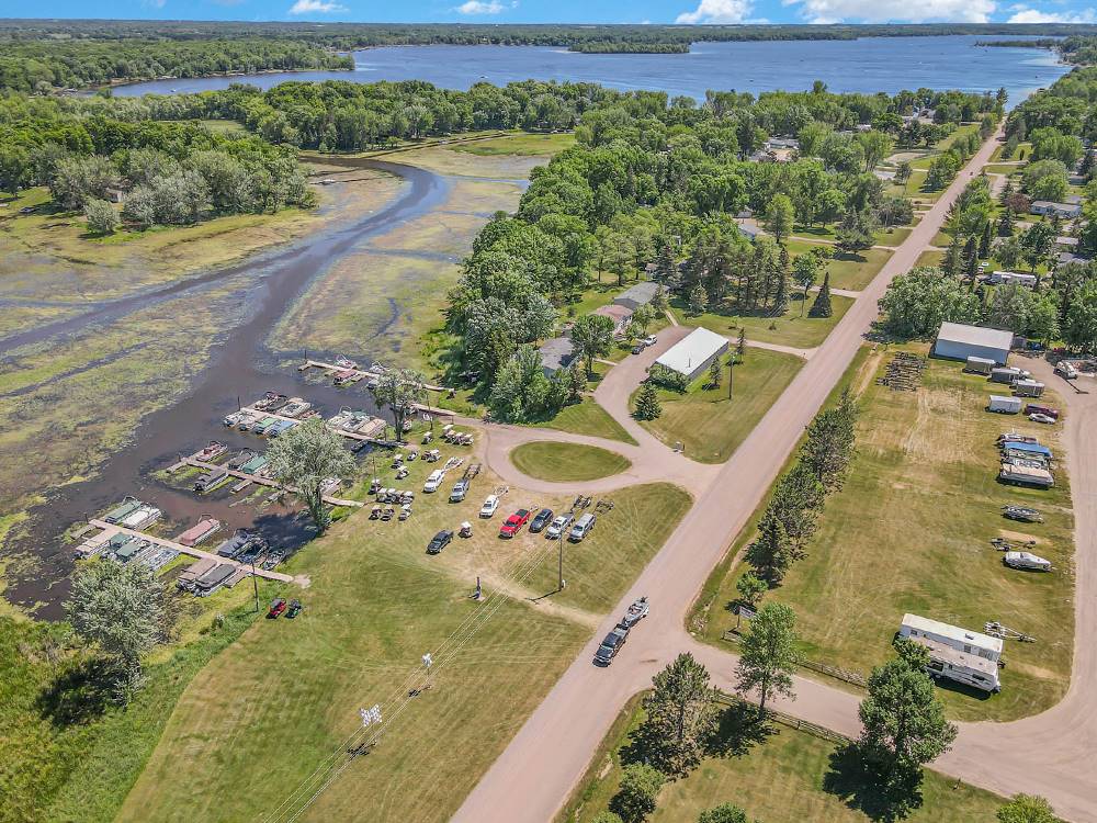 An aerial view of sites and the water