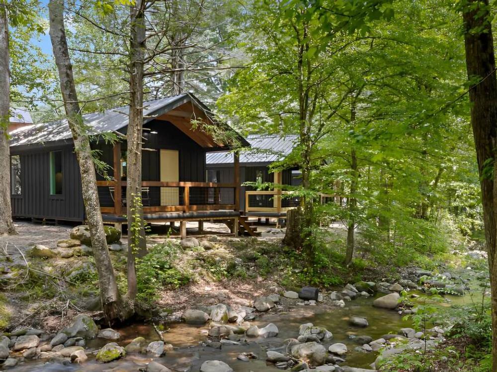 Cabins in the trees near a brook at Roamstead