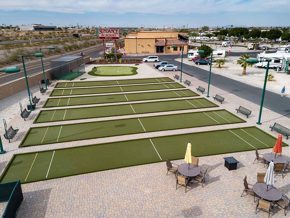 An aerial view of the lawn bowling courts at SUNDANCE RV RESORT