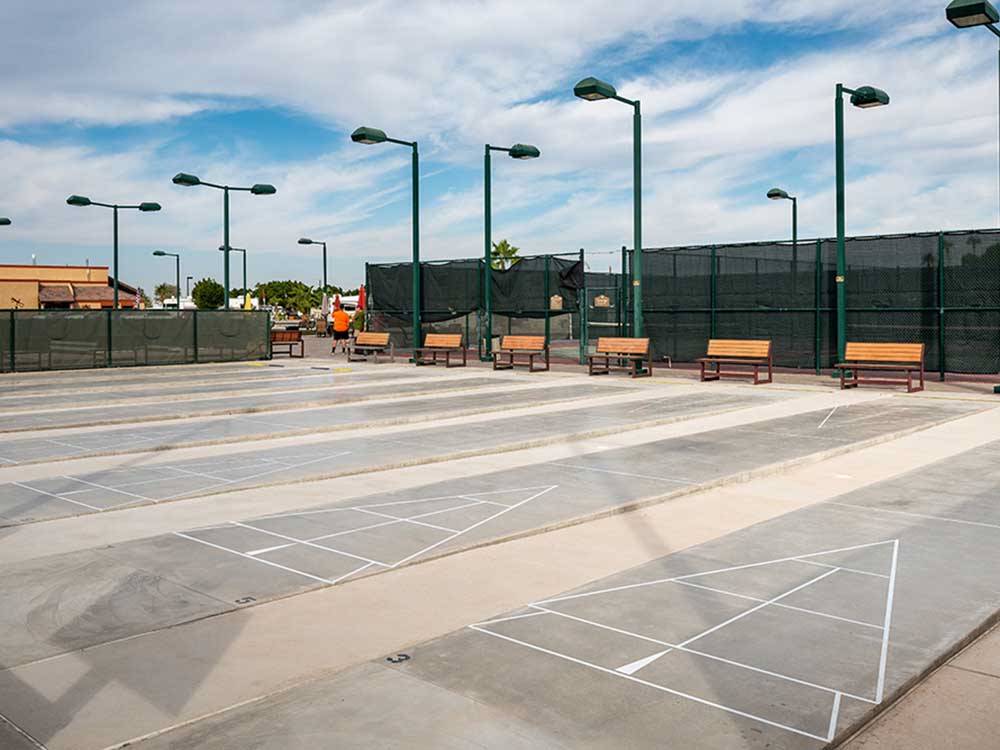A row of shuffleboard courts at SUNDANCE RV RESORT