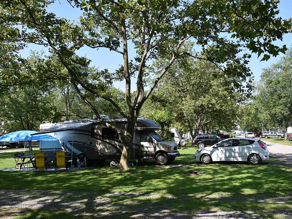 A motorhome and car under a tree at SCOTT'S FAMILY RV-PARK CAMPGROUND