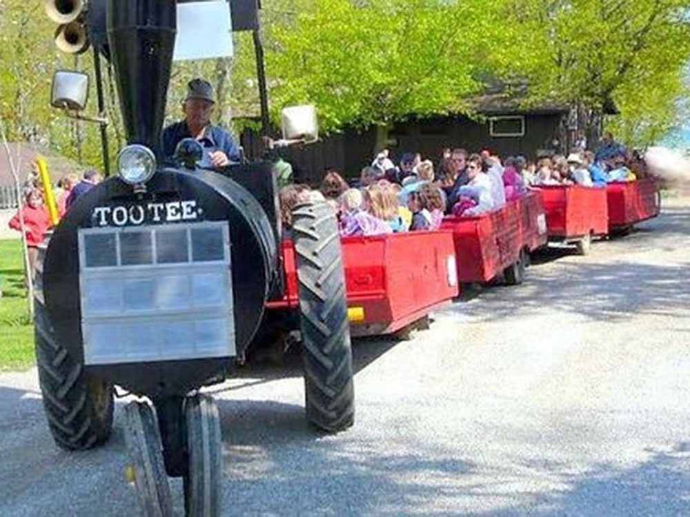 A tractor pulling a group of people in wagons at CAMPERS COVE CAMPGROUND