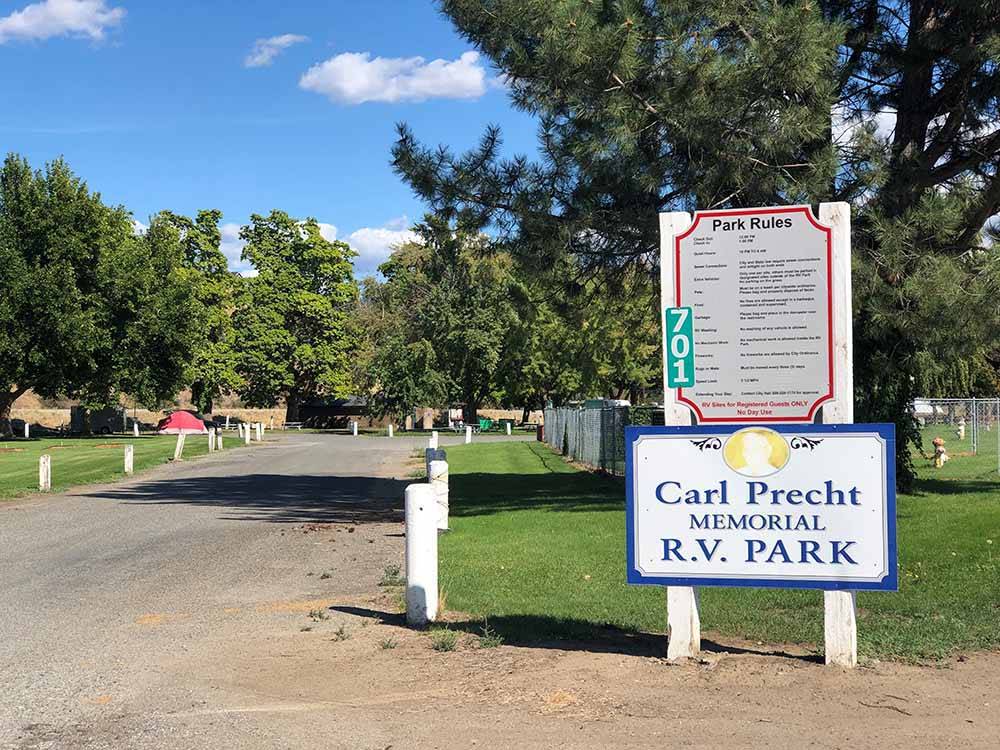 The front entrance sign at Carl Precht Memorial RV Park