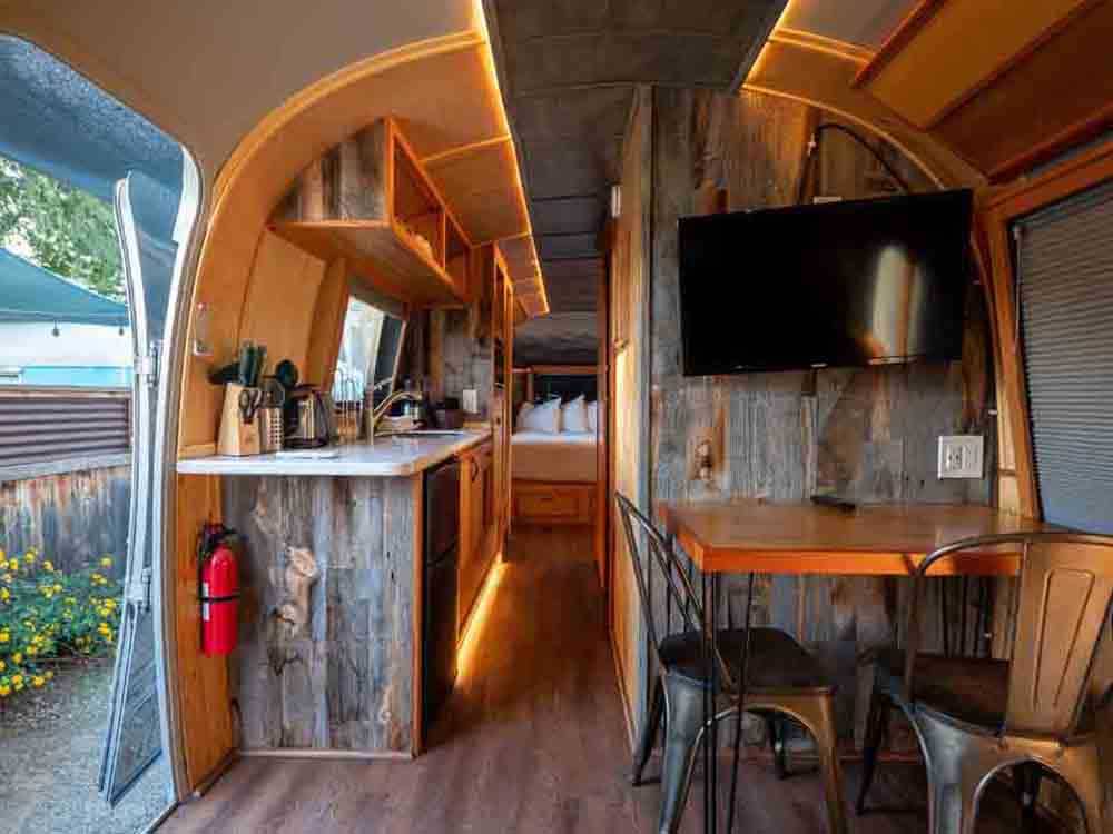 Inside of a rental Airstream at FLYING FLAGS RV RESORT & CAMPGROUND