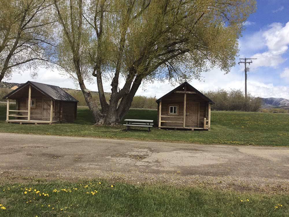 A row of rental cabins at HOLIDAY HILLS RV PARK