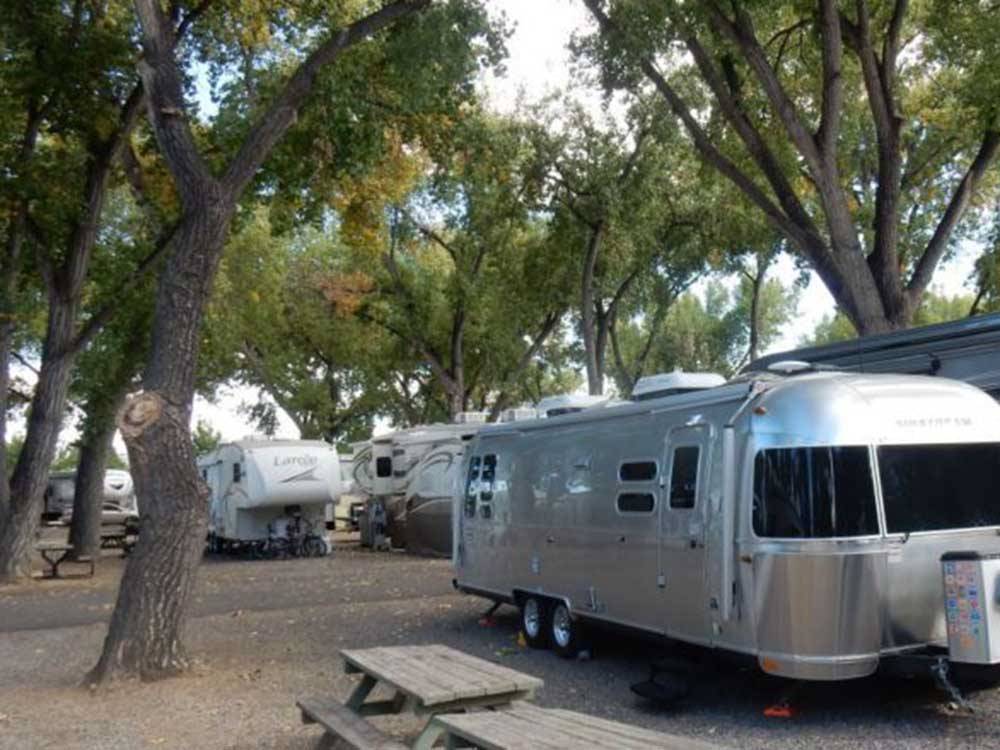 An Airstream next to picnic benches at BEAN POT CAMPGROUND