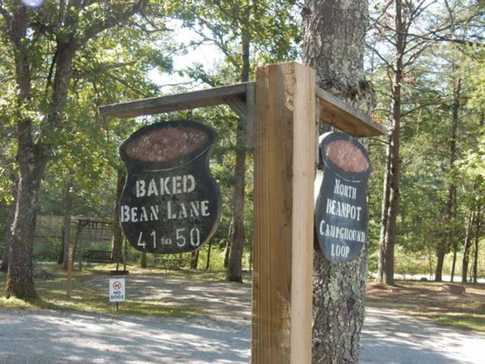 Signs shaped like kettle pots at BEAN POT CAMPGROUND