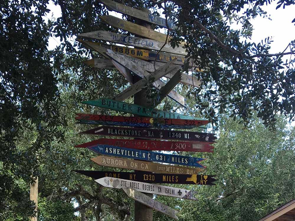 A directional sign for far away cities at VERO BEACH KAMP