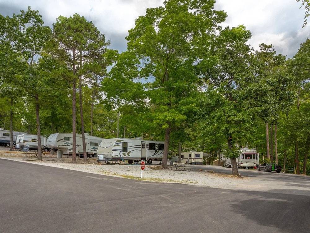 A row of RVs parked in sites